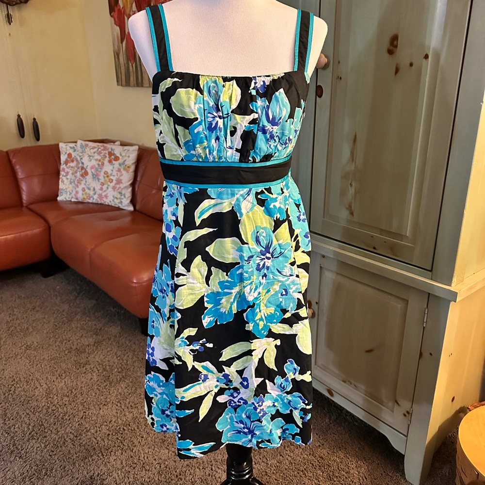 R&K Vibrant Floral Dress with Blue and Green Hues